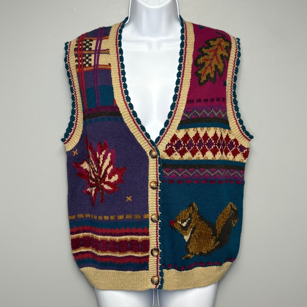 VTG Jantzen Petite Fall Theme Hand Embroidered Artsy Teacher Preppy Vest Sz LP
